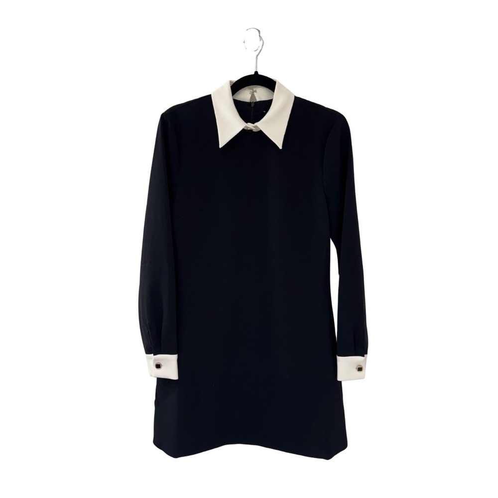 French Connection Black Long Sleeve Shift Dress with White Collar & Cuffs